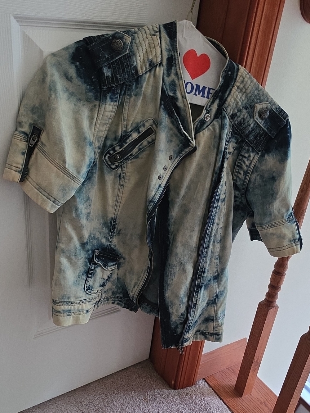 Acid Wash Short Sleeve Denim Jacket - Blue & Cream
